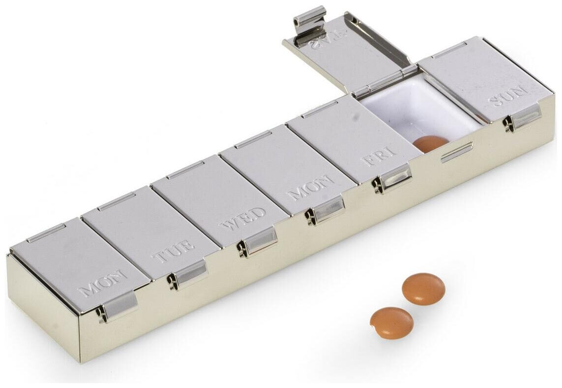 

Bey Berk Chrome Plated and Plastic Lined Pill Box with Days of the Week