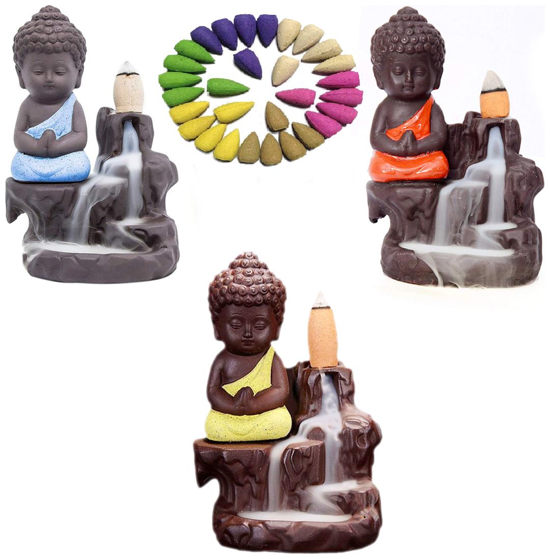 

BG Bazzar Gali Set of 3 Meditating Monk Buddha Smoke Backflow Cone Incense Holder Decorative Showpiece with 30 Smoke Backflow Cone Incenses with Each Buddha ji (Total 90 Cones)