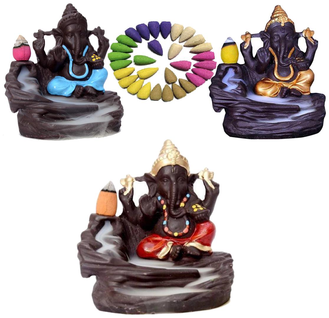 

BG Bazzar Gali 3pcs Handcrafted Lord Ganesha Smoke Backflow Cone Incense Holder Decorative Showpiece with 30 Smoke backflow cones for each ganesh ji (Total 90 cones)