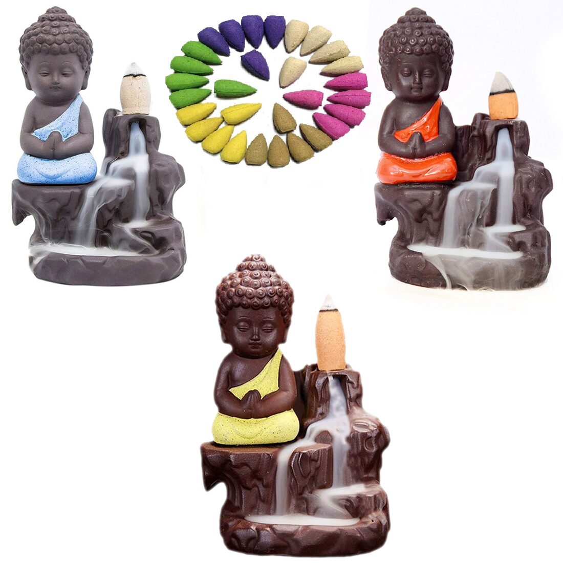 

BG Bazzar Gali Set of 3 Meditating Monk Buddha Smoke Backflow Cone Incense Holder Decorative Showpiece with 30 Smoke Backflow Cone Incenses with Each Buddha ji (Total 90 Cones)