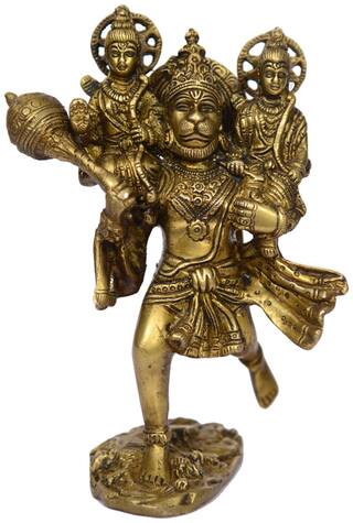 Statue of Lord Hanuman With Ram & Laxman oh his shoulders with Excellent Carving and Finishing Work Brass Metal by Bharat Haat BH00869