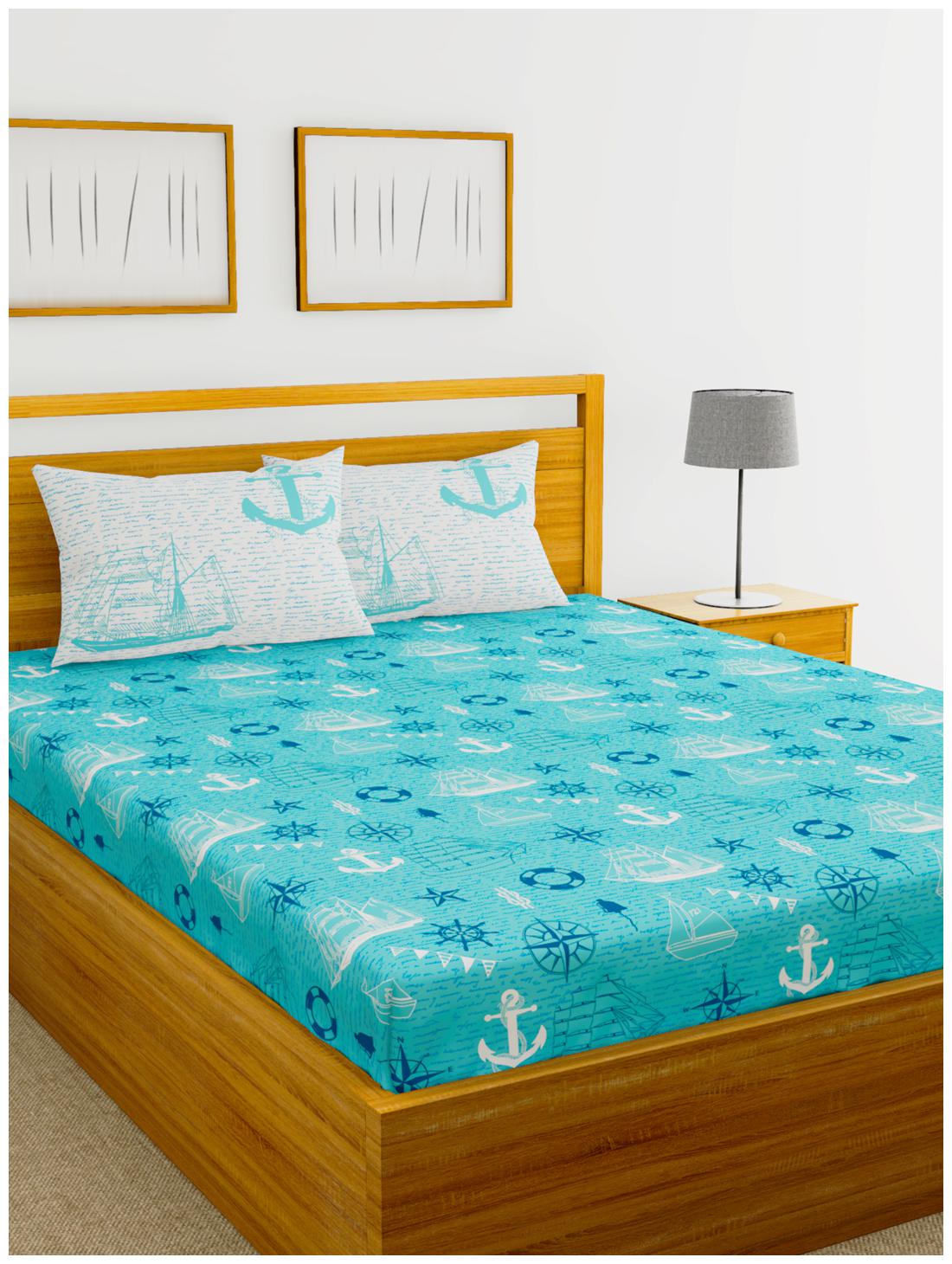 

BIANCA Cotton Printed Double Size Bedsheet 144 TC ( 1 Bedsheet With 2 Pillow Covers Blue )