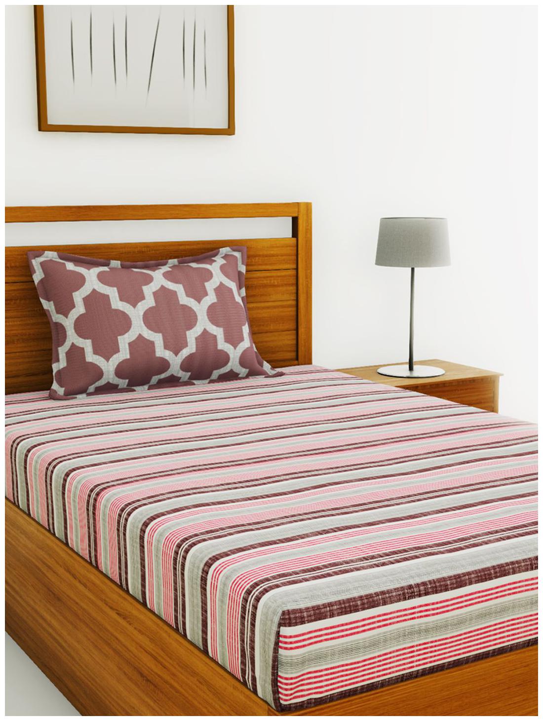 

BIANCA Cotton Striped Single Size Bedsheet 144 TC ( 1 Bedsheet With 1 Pillow Covers Grey )