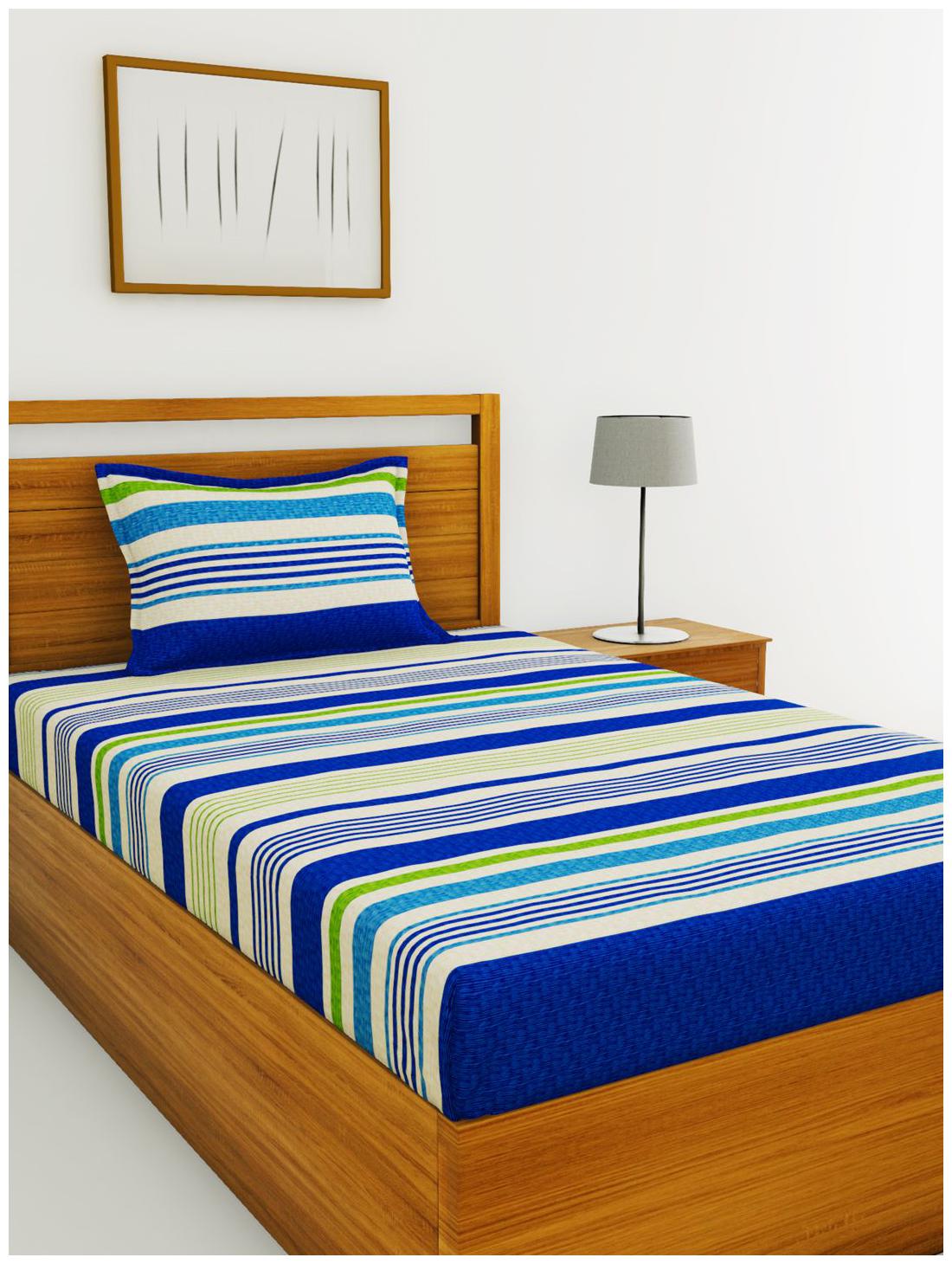 

BIANCA Cotton Striped King Size Bedsheet 110 TC ( 1 Bedsheet With 1 Pillow Covers Blue )