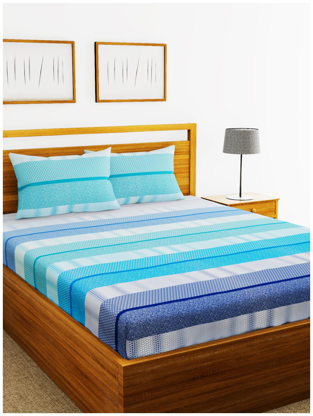 

BIANCA Cotton Striped King Size Bedsheet 180 TC ( 1 Bedsheet With 2 Pillow Covers Blue )