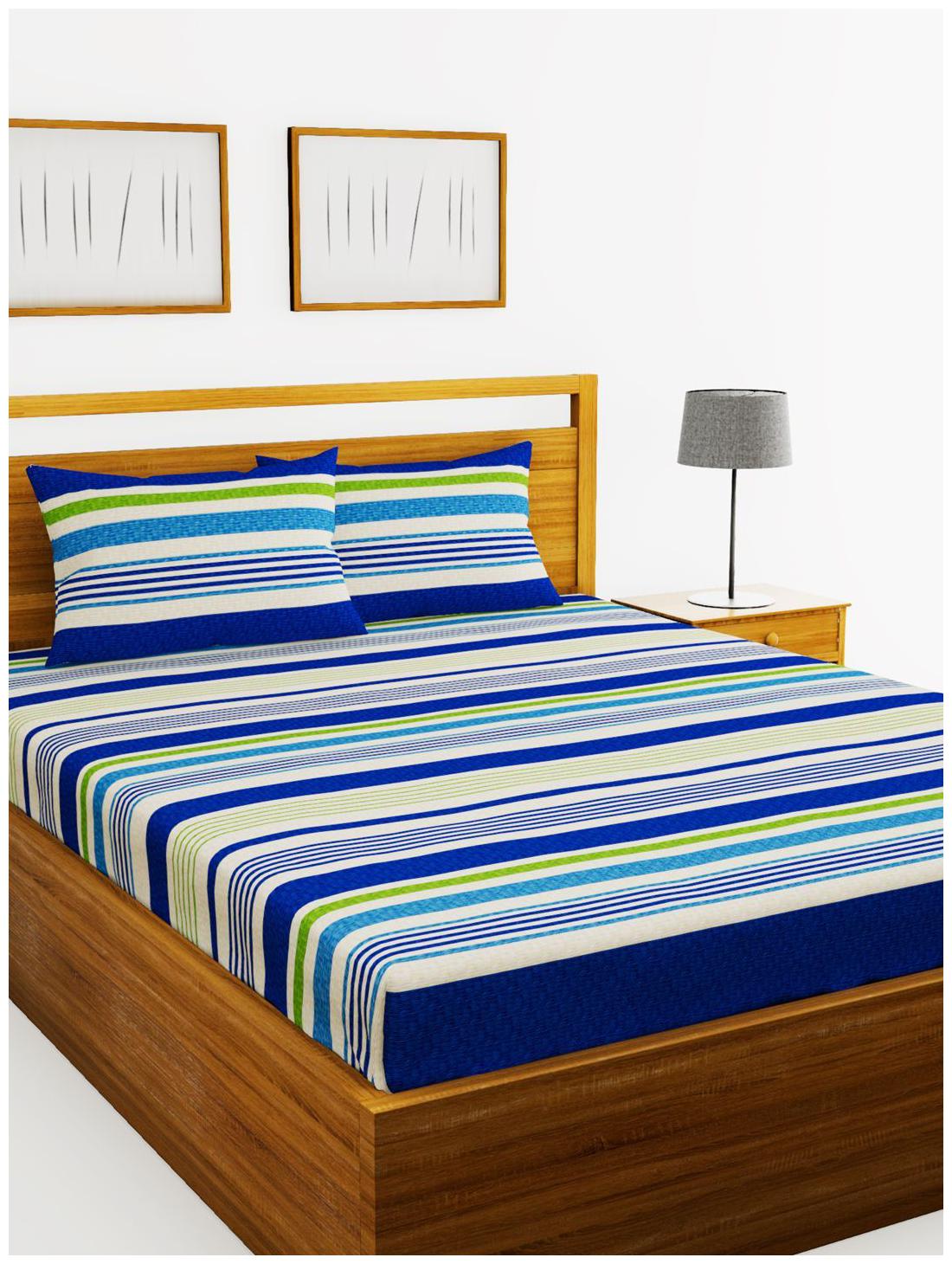 

BIANCA Cotton Striped King Size Bedsheet 110 TC ( 1 Bedsheet With 2 Pillow Covers Blue )
