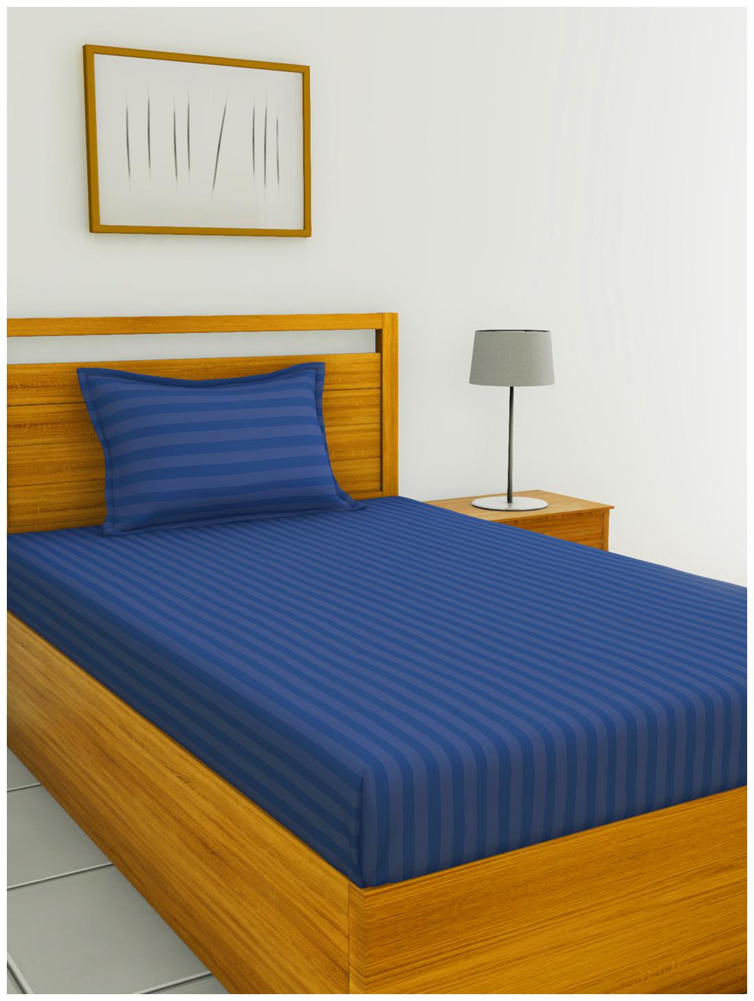 

BIANCA Cotton Striped Single Size Bedsheet 210 TC ( 1 Bedsheet With 1 Pillow Covers Blue )