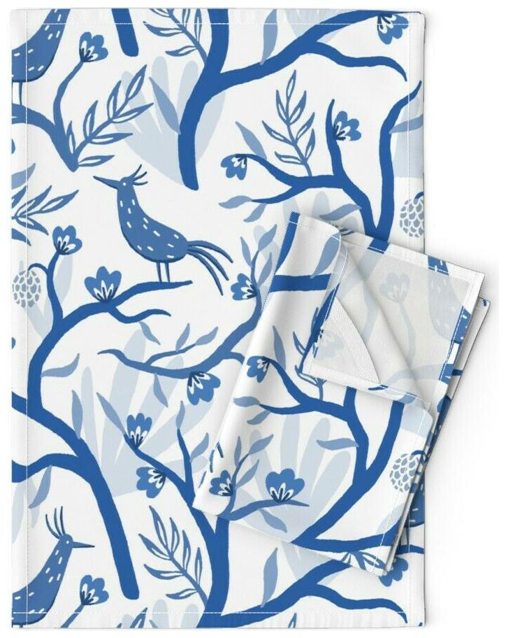 

Bird Chinoiserie Animal Blue And Linen Cotton Tea Towels by Roostery Set of 2