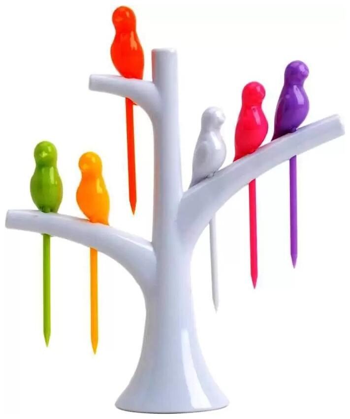 

Bird Design Fancy Fruit Salad Fork with Fork Holder (Set of 6) Multi Color