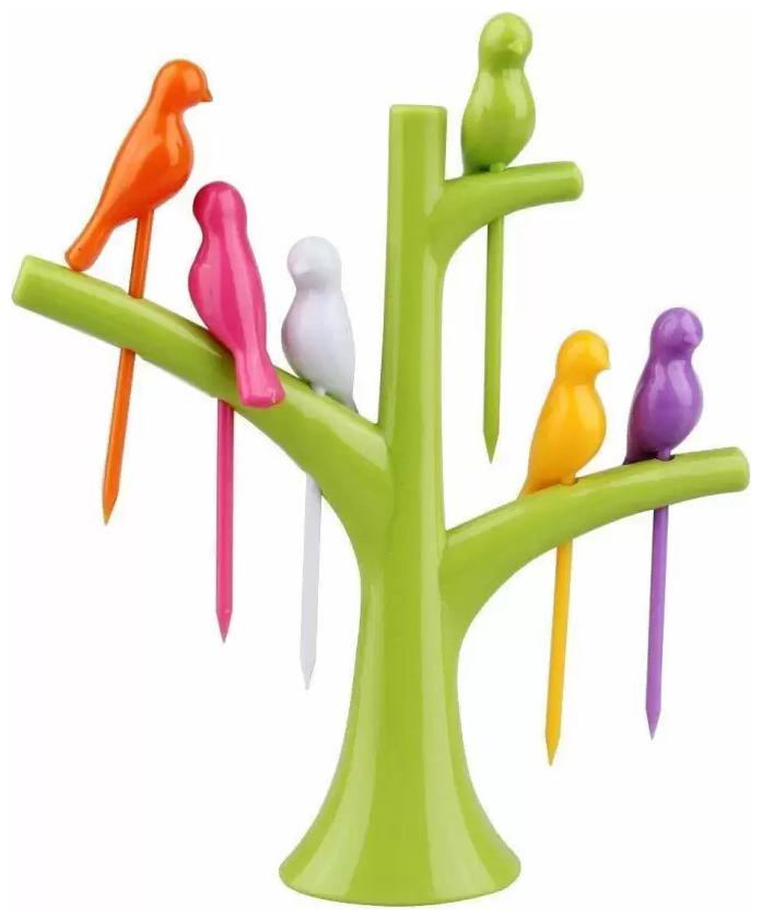 

Bird Fruit Fork Set with Tree Stand (Set of 6) Multi Color