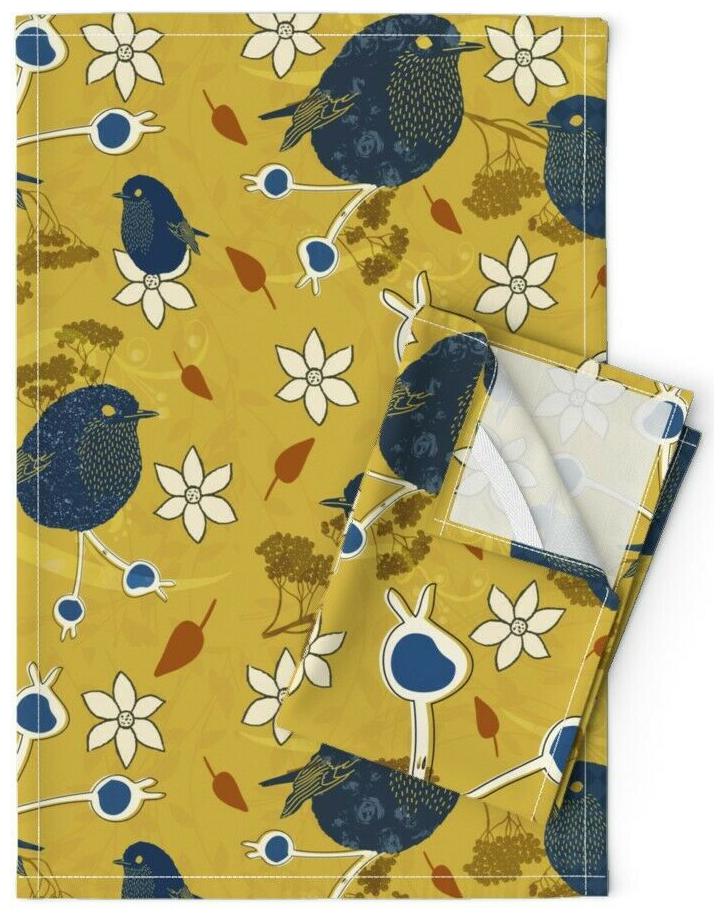 

Birds Floral Scandinavian Botanical Linen Cotton Tea Towels by Roostery Set of 2
