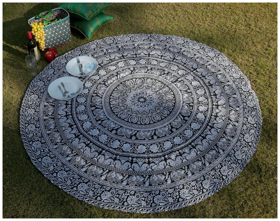 

Black Colored Round 182 88 cm (72 inch) Wall Decoration Cotton Floral Mandala Printed Home Decor Tapestry by Rajrang