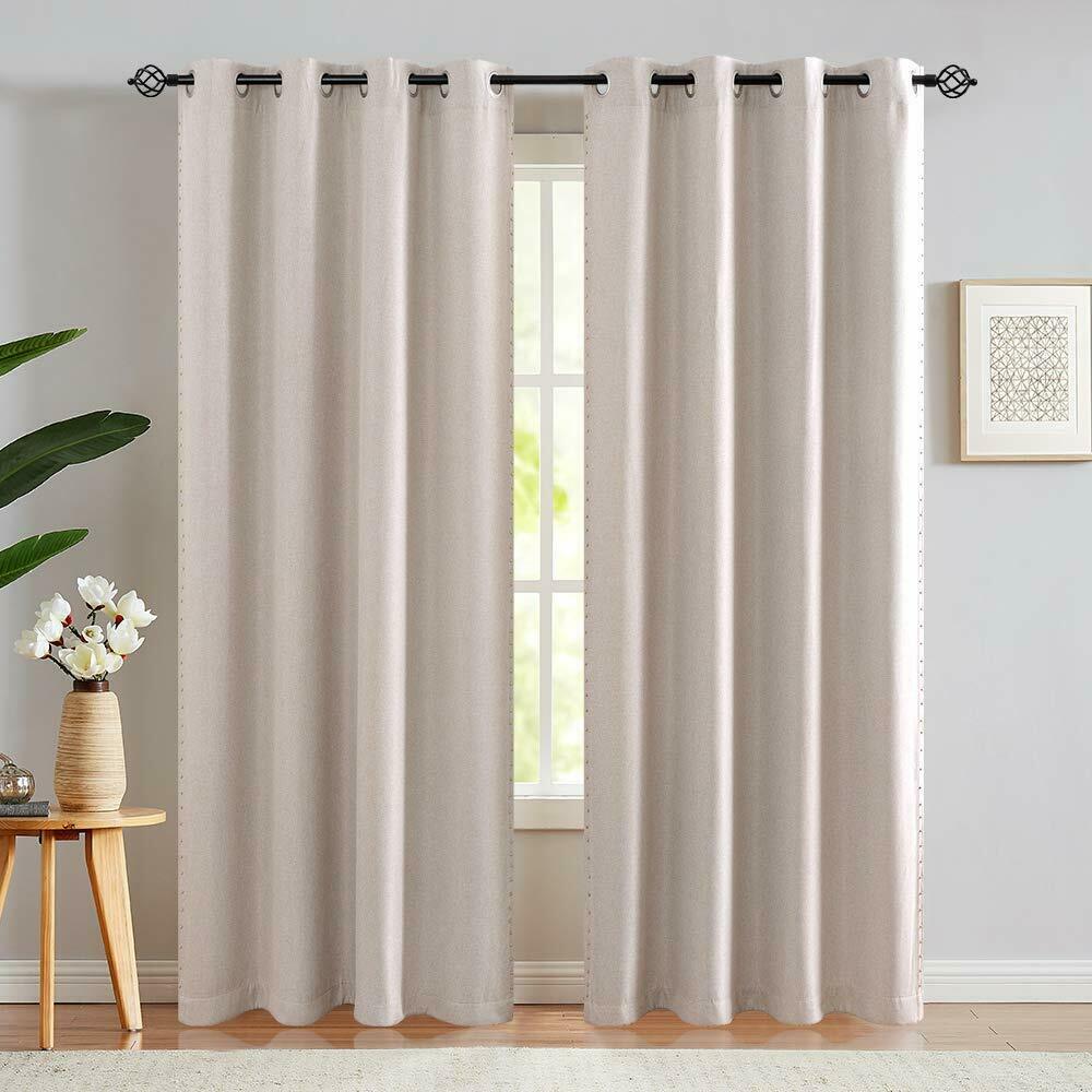 

Blackout Linen Fabric Curtains Gold Bead Bordered Moderate Curtain 1 Panel