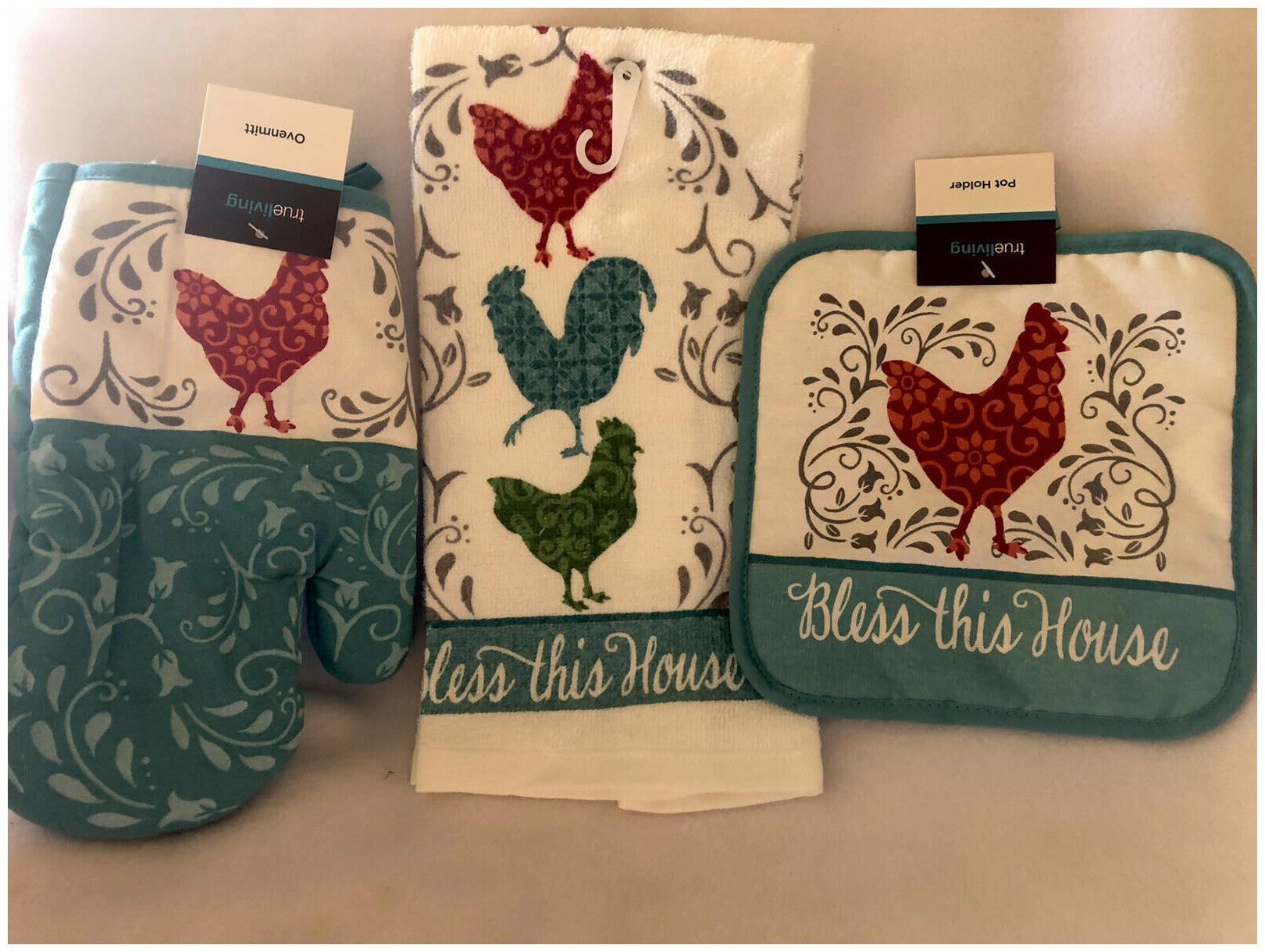 

Bless This House Rooster Kitchen Towel Pot Holder Oven Mitt Farmhouse Chicken