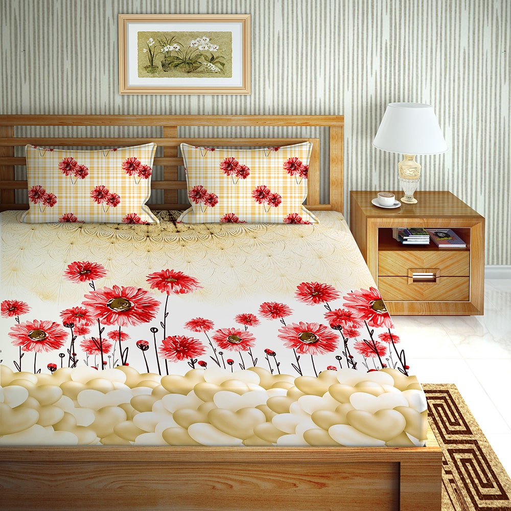 

Bella Casa Cotton Printed King Size Bedsheet 144 TC ( 1 Bedsheet With 2 Pillow Covers Beige )