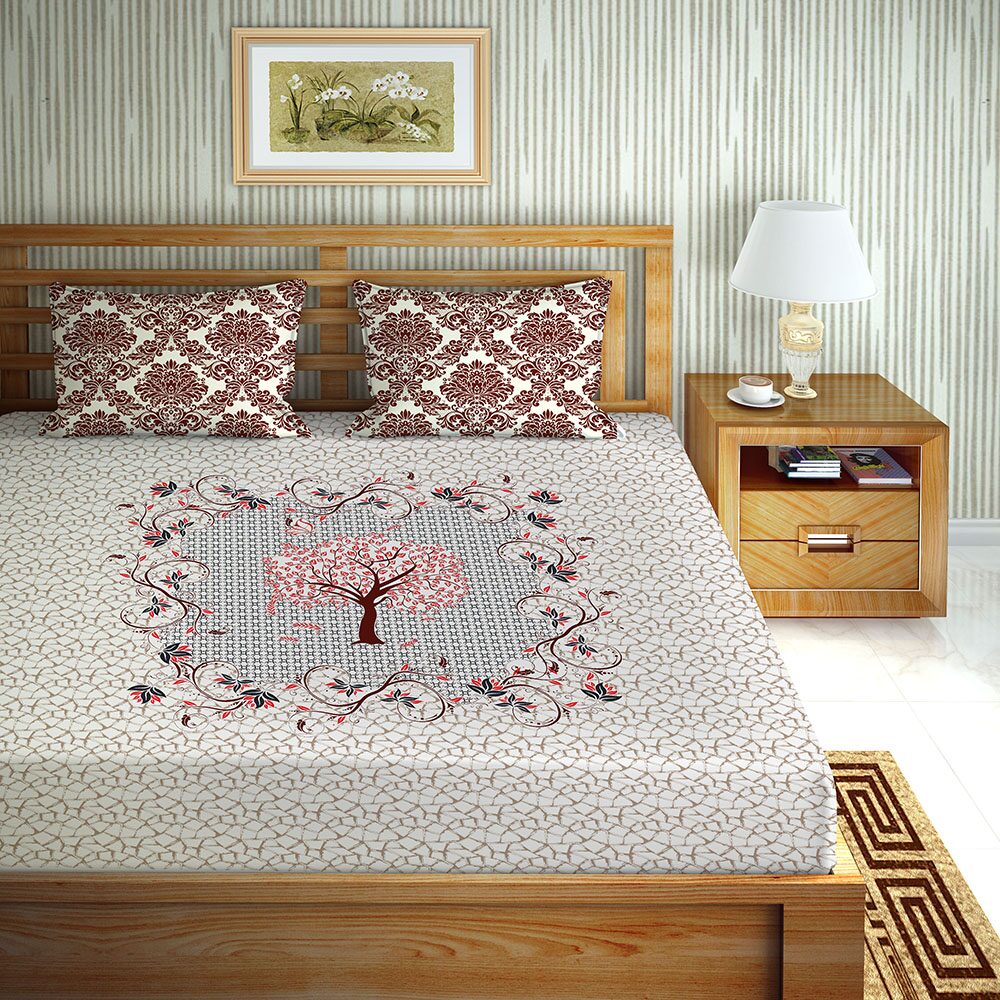 

Bella Casa Cotton Printed King Size Bedsheet 144 TC ( 1 Bedsheet With 2 Pillow Covers Beige )