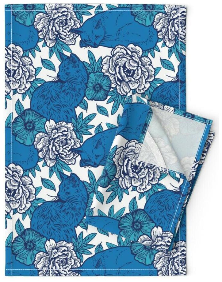 

Blue Cats Floral Felines Linen Cotton Tea Towels by Roostery Set of 2