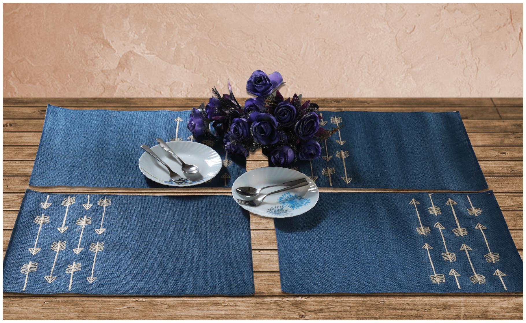 

Blue Colored 48 26 cm (19 inch) x 33 02 cm (13 inch) Arrow Pattern Jute Embroidered Back side Laminated Set of 4 pcs Table Placemat Set by Rajrang