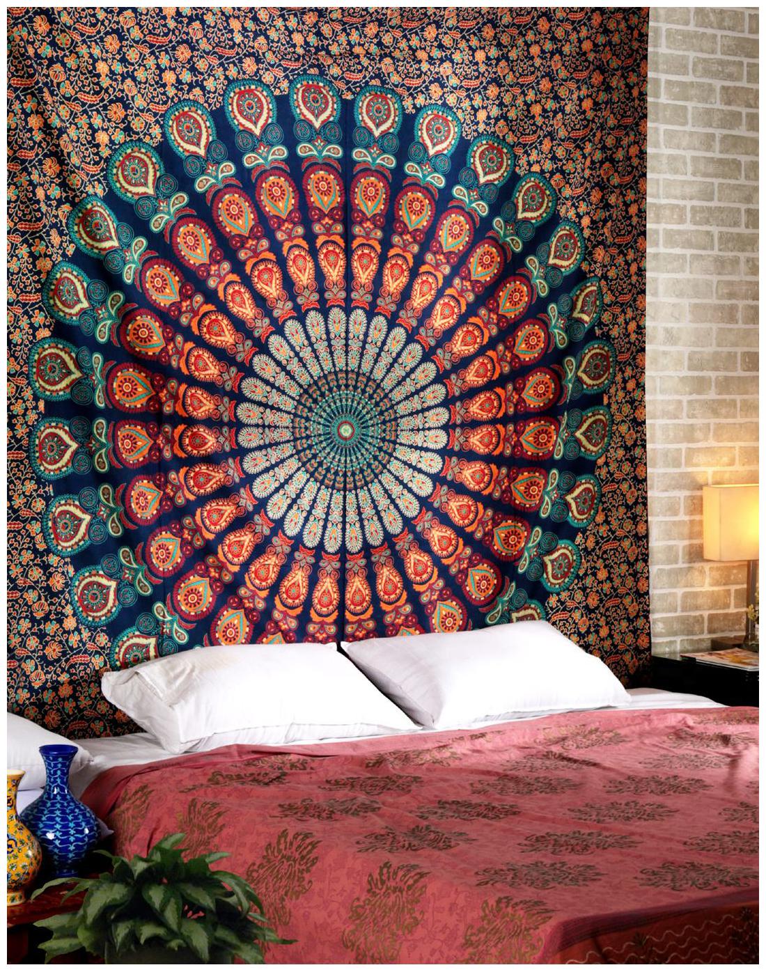 

Blue Colored 228 6 cm ( inch) X 213 36 cm ( 84 inch) Wall Decoration Cotton Floral Mandala Printed Home Decor Tapestry by Rajrang