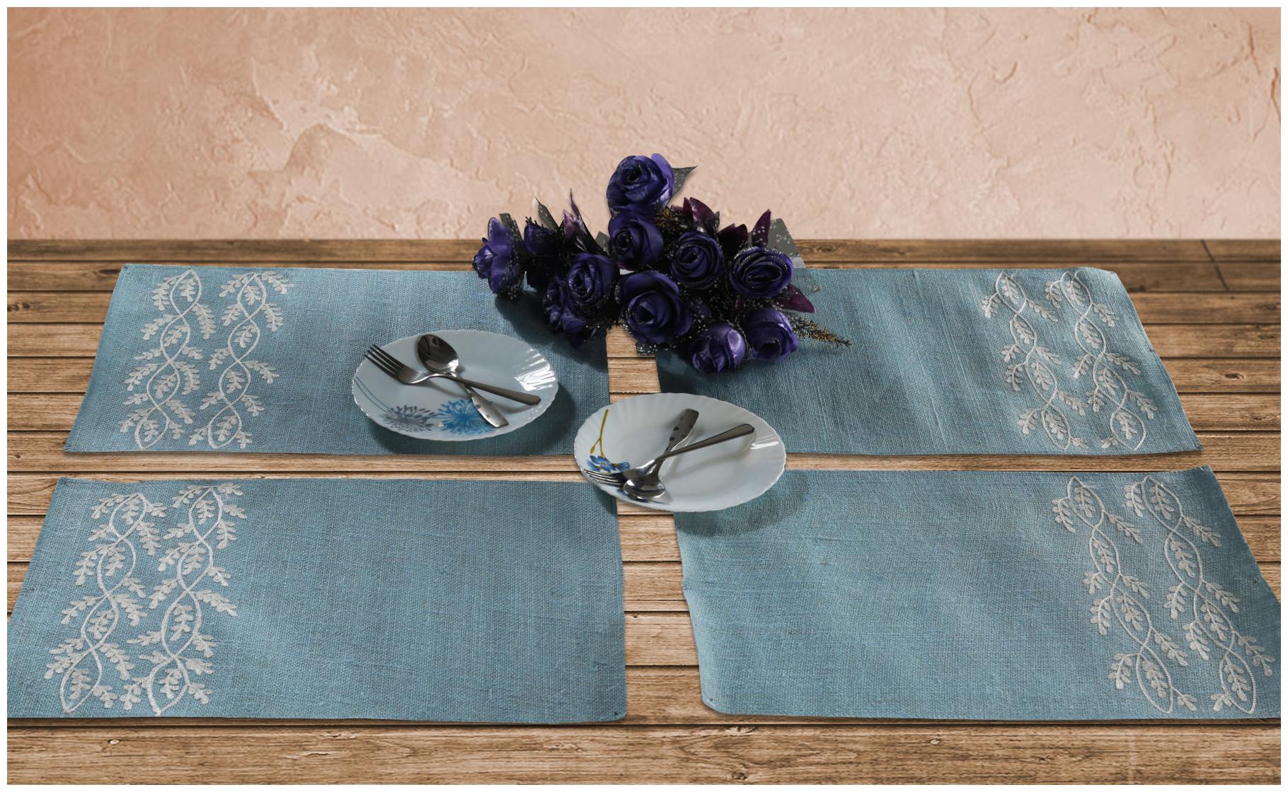

Blue Colored 48 26 cm (19 inch) x 33 02 cm (13 inch) Leaves Pattern Jute Embroidered Back side Laminated Set of 4 pcs Table Placemat Set by Rajrang