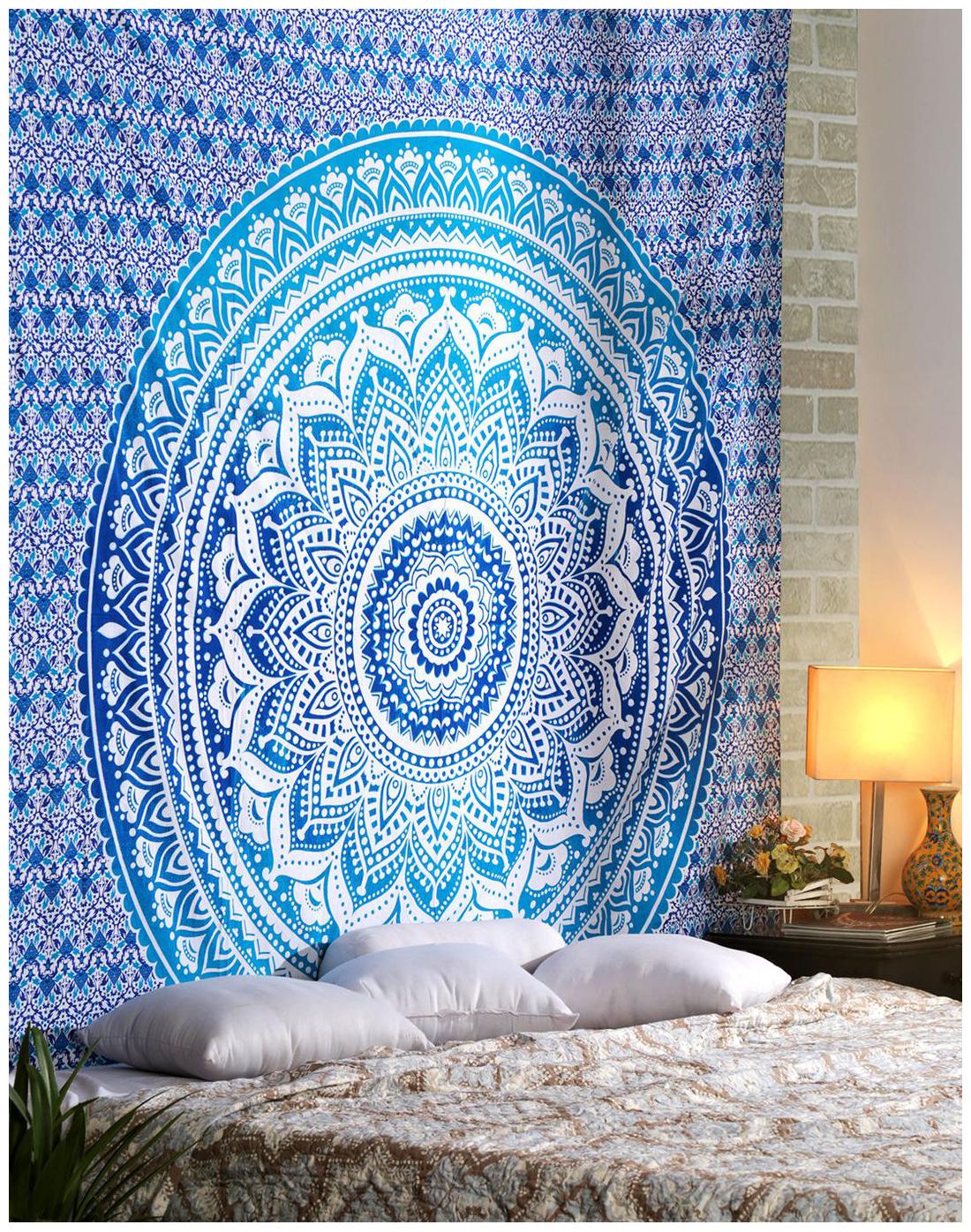 

Blue Colored 228 6 cm ( inch) X 213 36 cm ( 84 inch) Wall Decoration Cotton Floral Mandala Printed Home Decor Tapestry by Rajrang