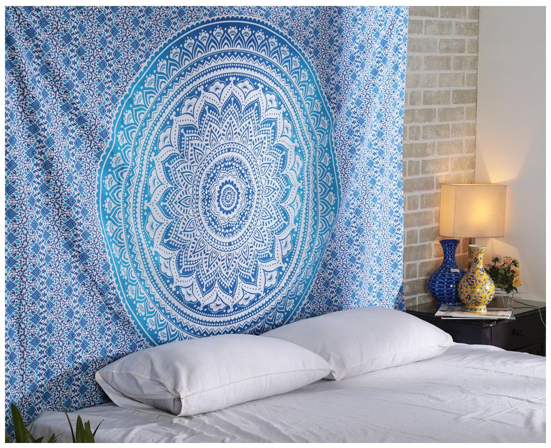 

Blue Colored 213 36 cm (84 inch) x 137 16 cm (54 inch) Wall Decoration Cotton Floral Mandala Printed Home Decor Tapestry by Rajrang
