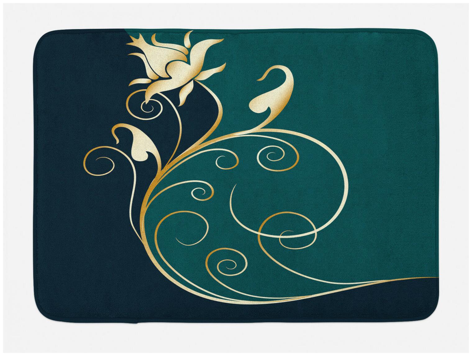 

Blue Gold Bath Mat Swirled Flower Petals Non-Slip Plush Mat 29 5 X 17 5 Inches