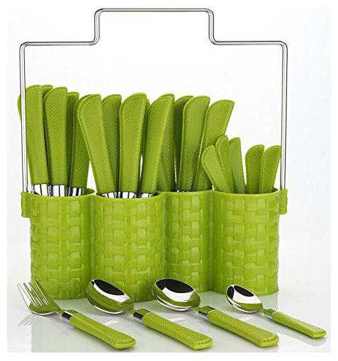 

Bluewhale New Multi Green Color 24-Piece cutlery set with 1 Stand 4 Different type of Spoons Plastic Steel Cutlery Set (Pack of 24)