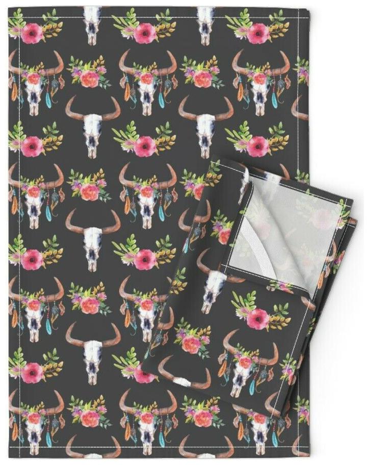 

Boho Bull Skull Floral Southwestern Linen Cotton Tea Towels by Roostery Set of 2