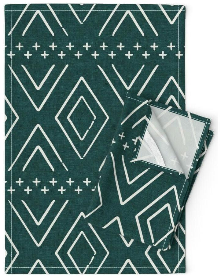 

Boho Diamond Teal Mudcloth Modern Linen Cotton Tea Towels by Roostery Set of 2