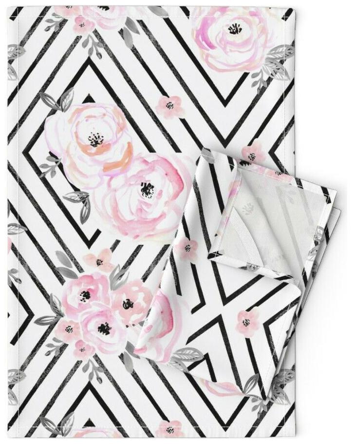 

Boho Geometric Floral Pink And Linen Cotton Tea Towels by Roostery Set of 2