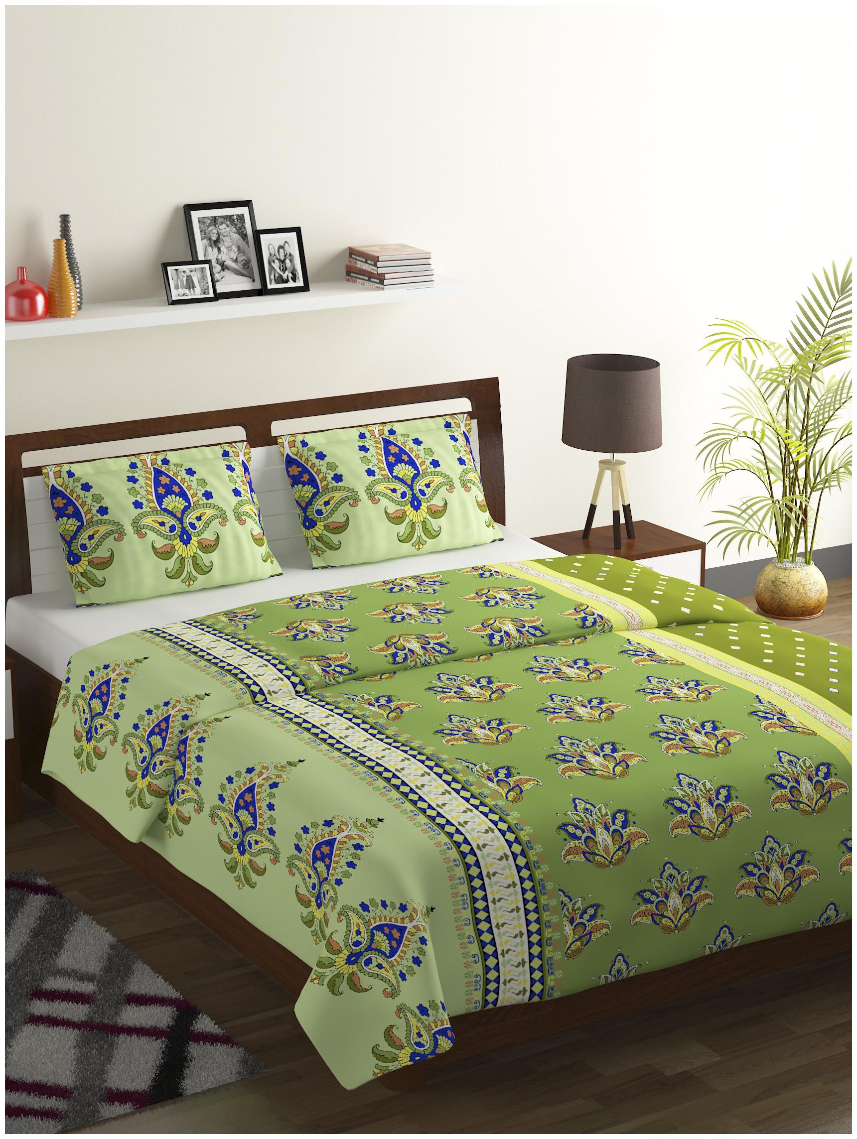 

Bombay Dyeing Cotton Printed Double Size Bedsheet 104 TC ( 1 Bedsheet With 2 Pillow Covers Green )