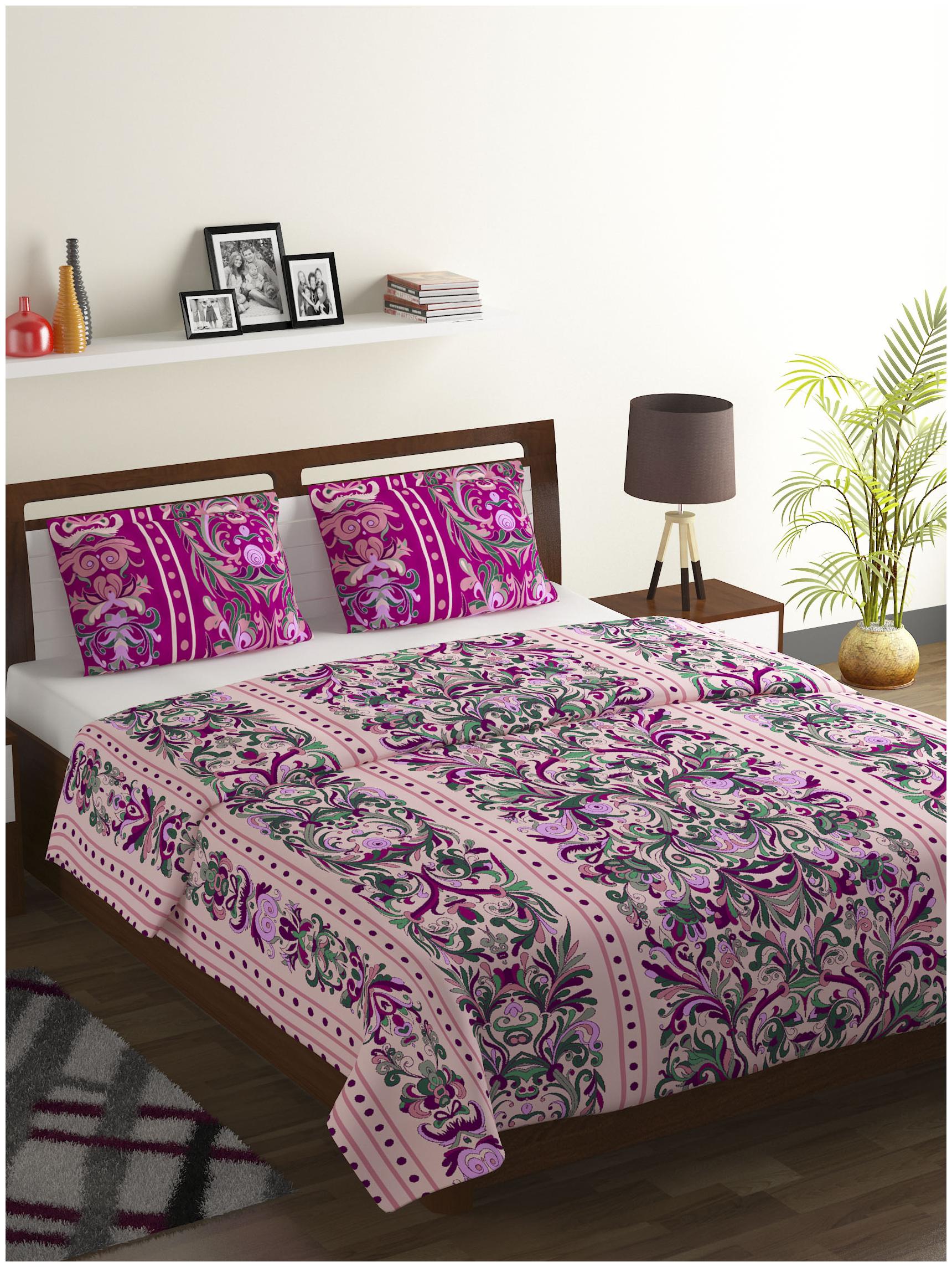 

Bombay Dyeing Cotton Printed Double Size Bedsheet 104 TC ( 1 Bedsheet With 2 Pillow Covers Pink )