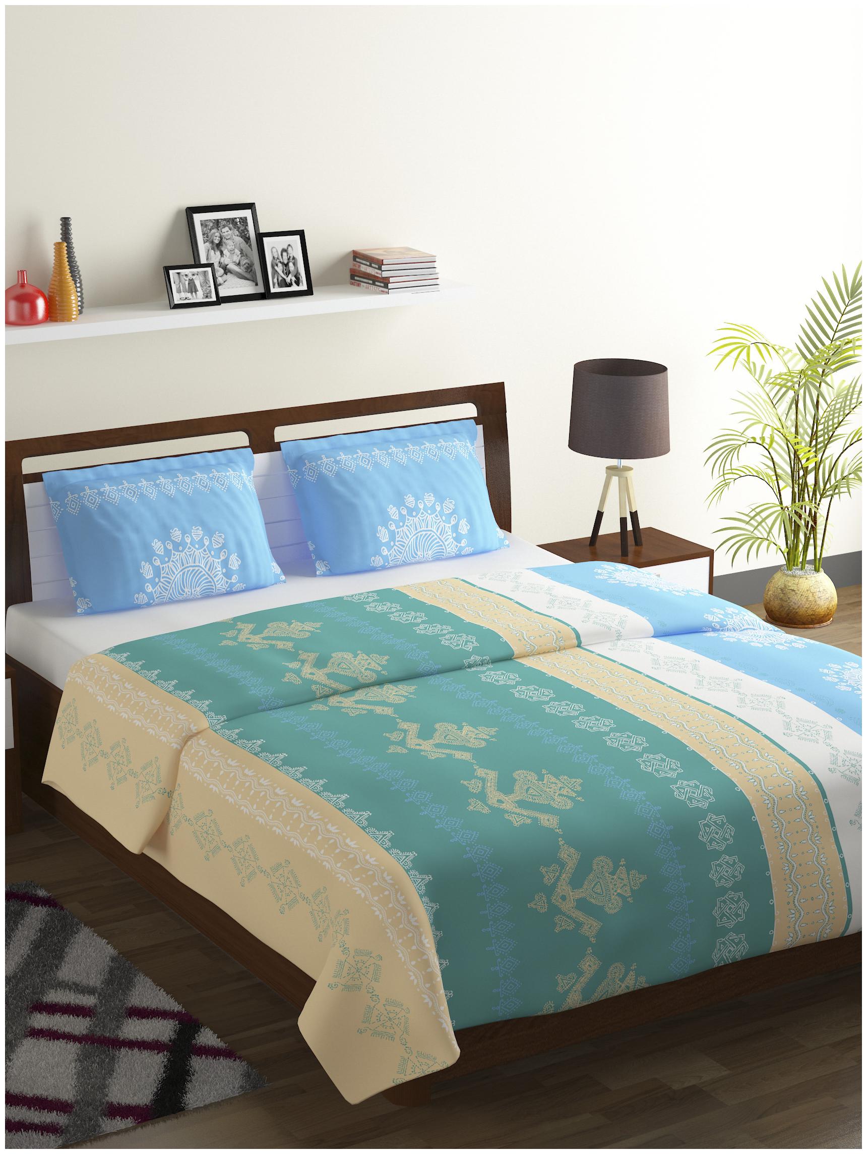 

Bombay Dyeing Cotton Printed Double Size Bedsheet 104 TC ( 1 Bedsheet With 2 Pillow Covers Blue )