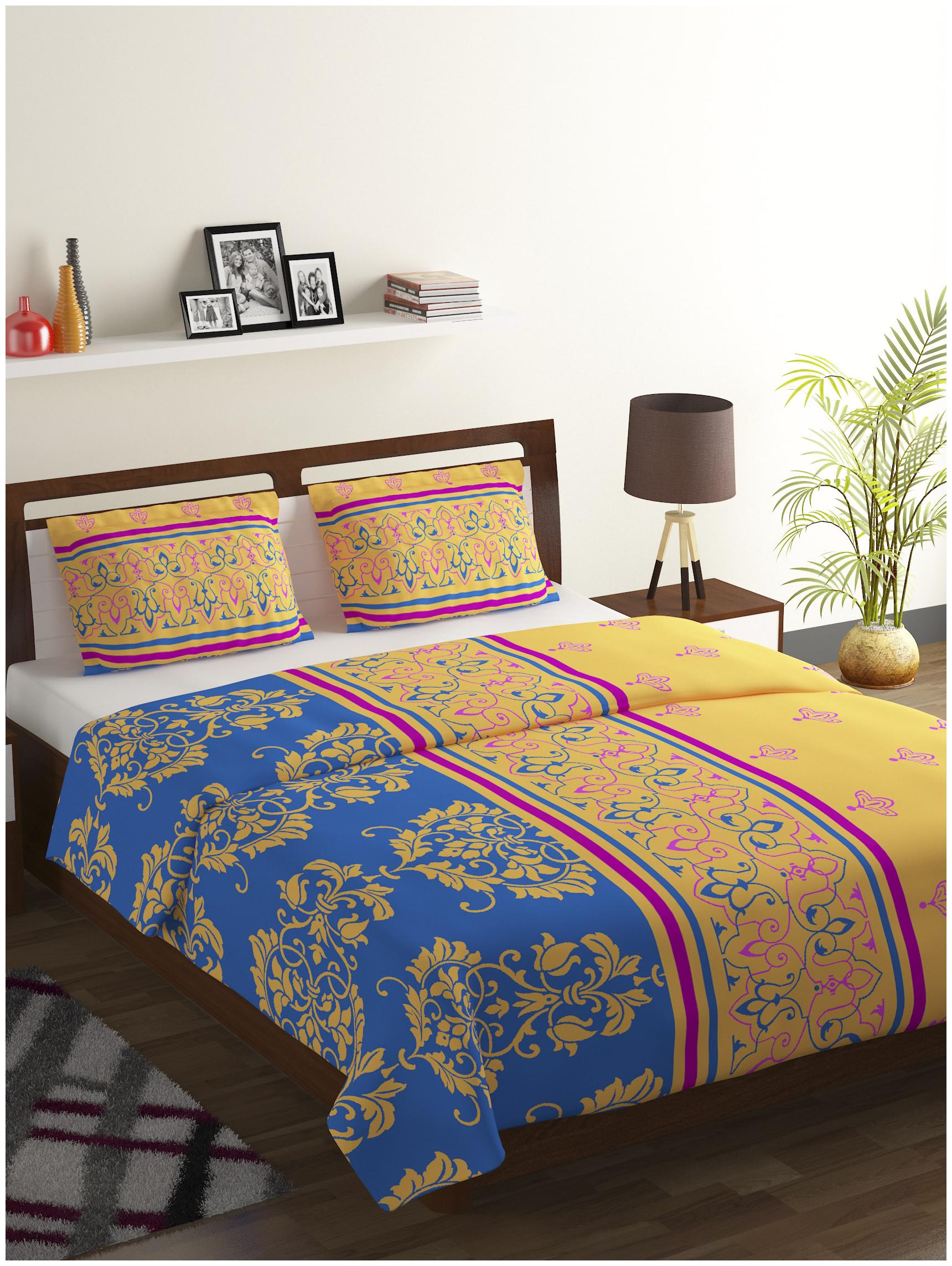 

Bombay Dyeing Cotton Printed Double Size Bedsheet 104 TC ( 1 Bedsheet With 2 Pillow Covers Blue )
