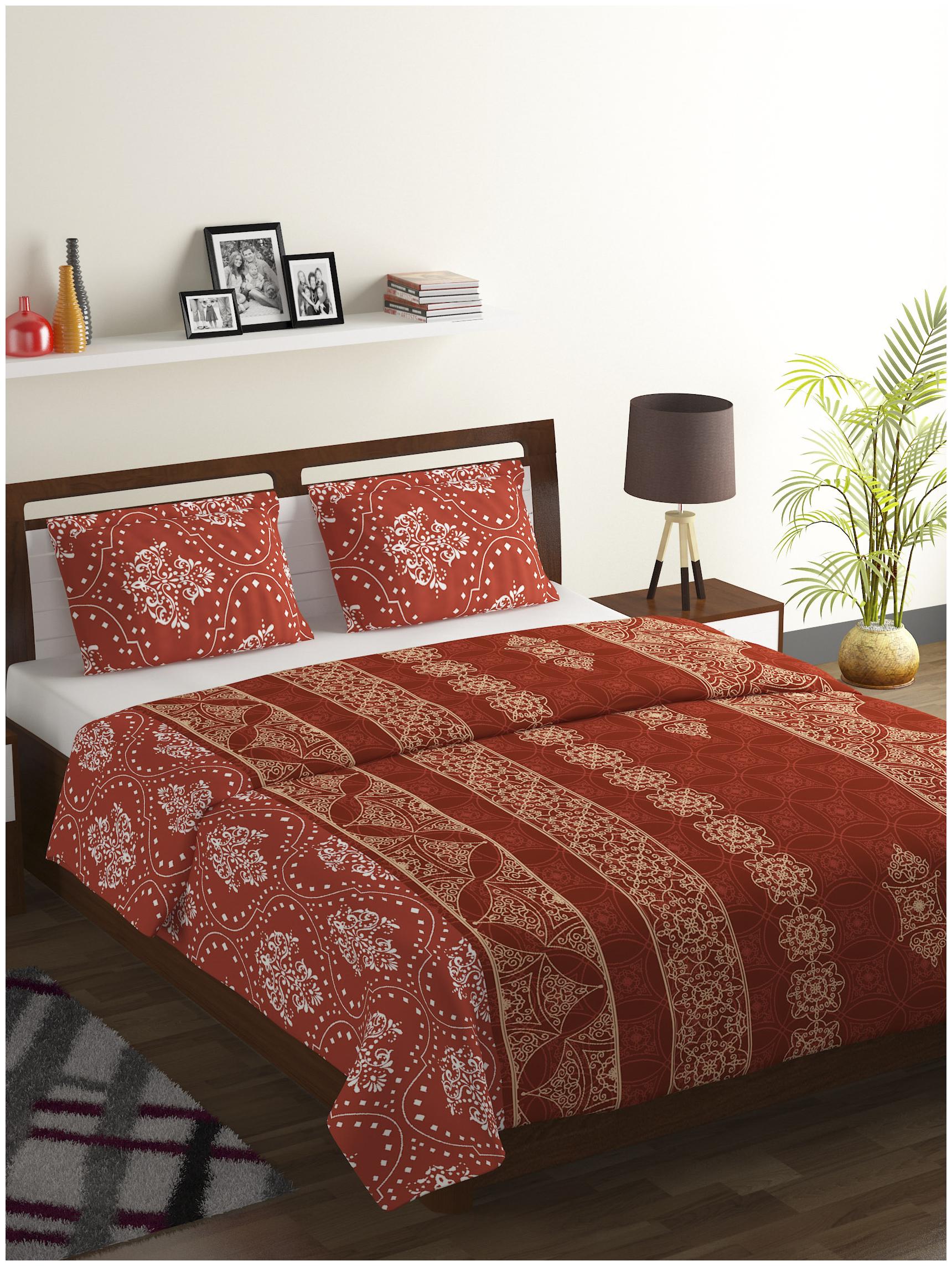 

Bombay Dyeing Cotton Abstract Double Size Bedsheet 104 TC ( 1 Bedsheet With 2 Pillow Covers Rust )