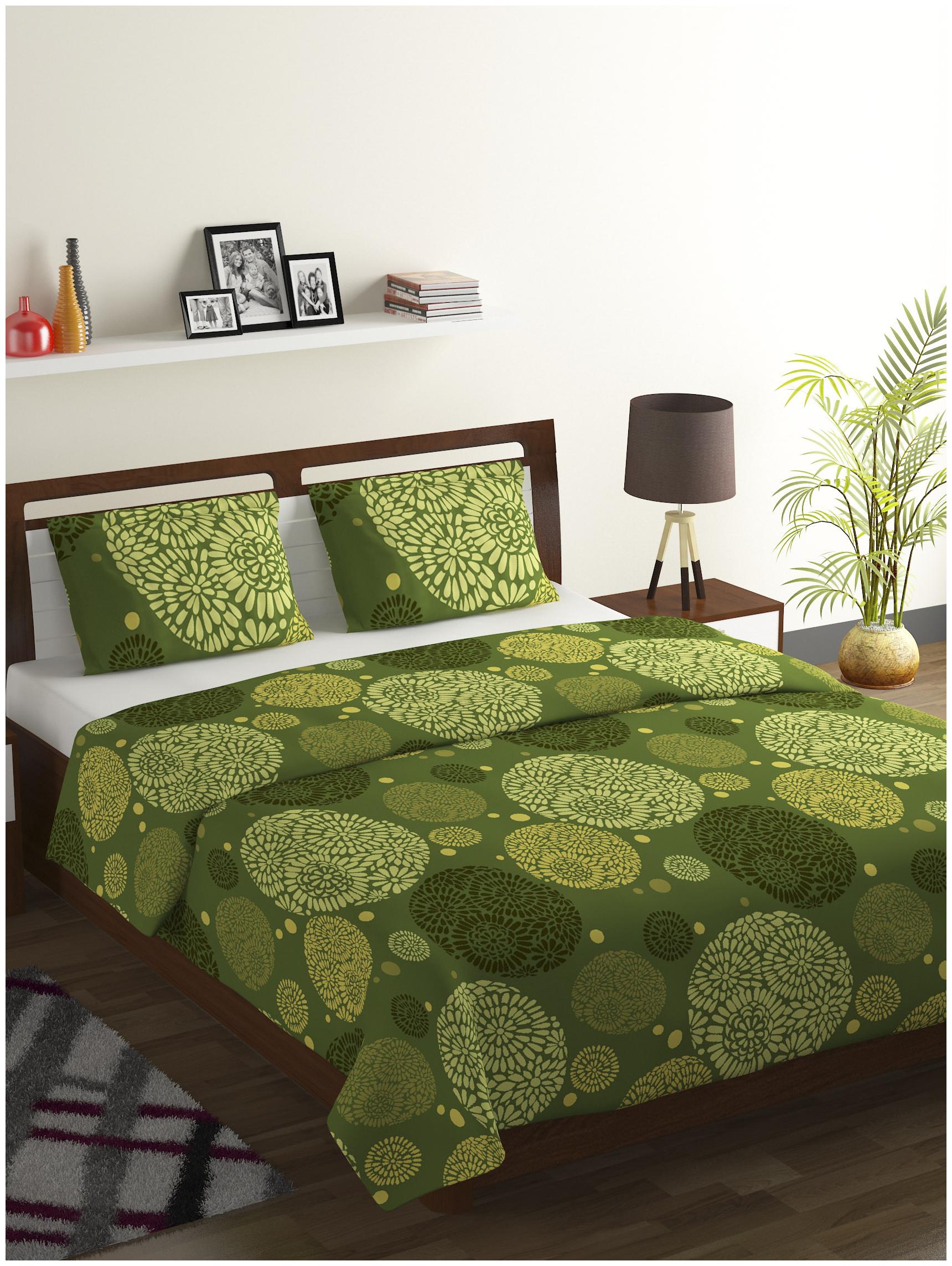 

Bombay Dyeing Cotton Printed Double Size Bedsheet 104 TC ( 1 Bedsheet With 2 Pillow Covers Green )