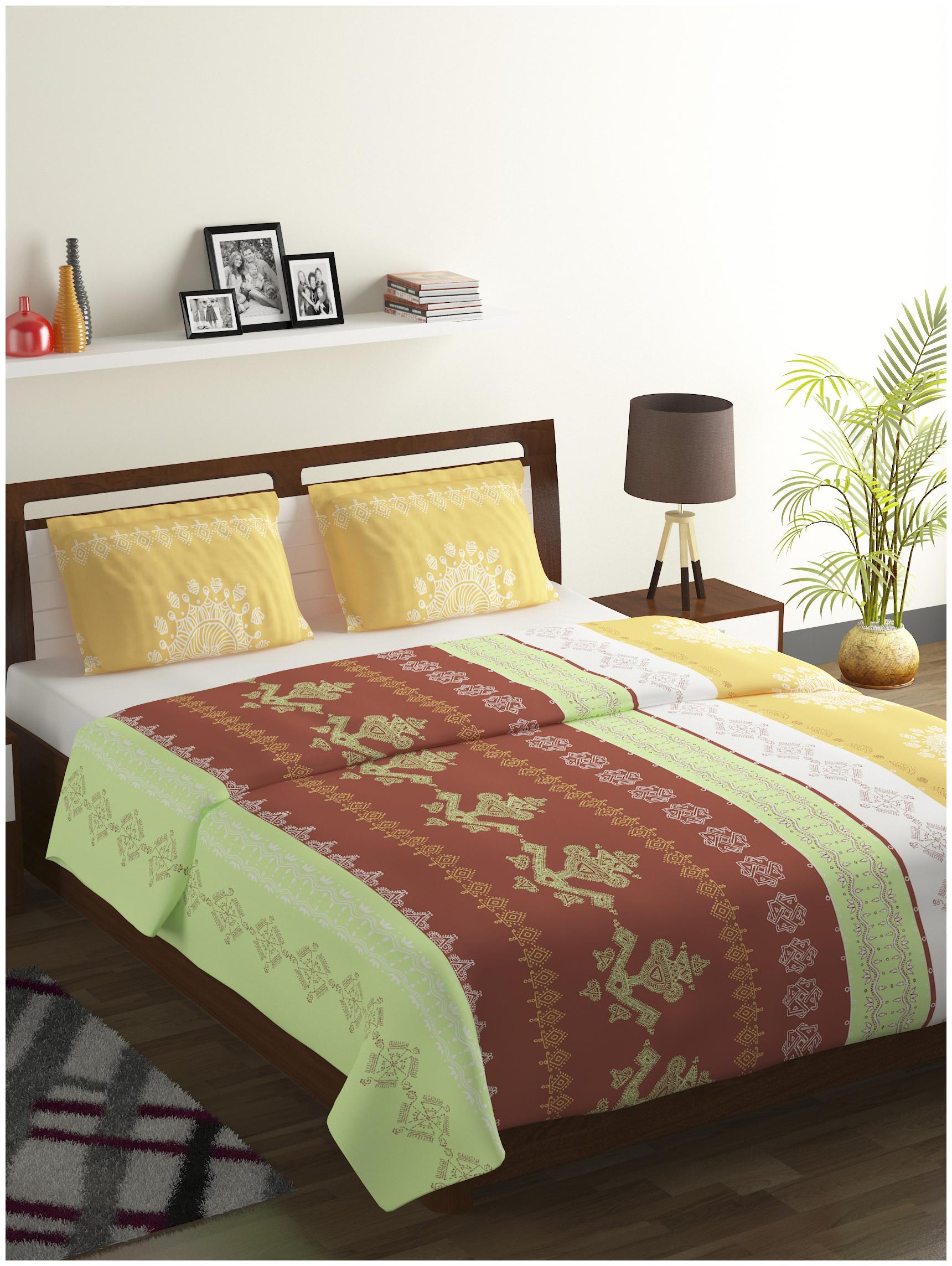 

Bombay Dyeing Cotton Printed Double Size Bedsheet 104 TC ( 1 Bedsheet With 2 Pillow Covers Yellow )