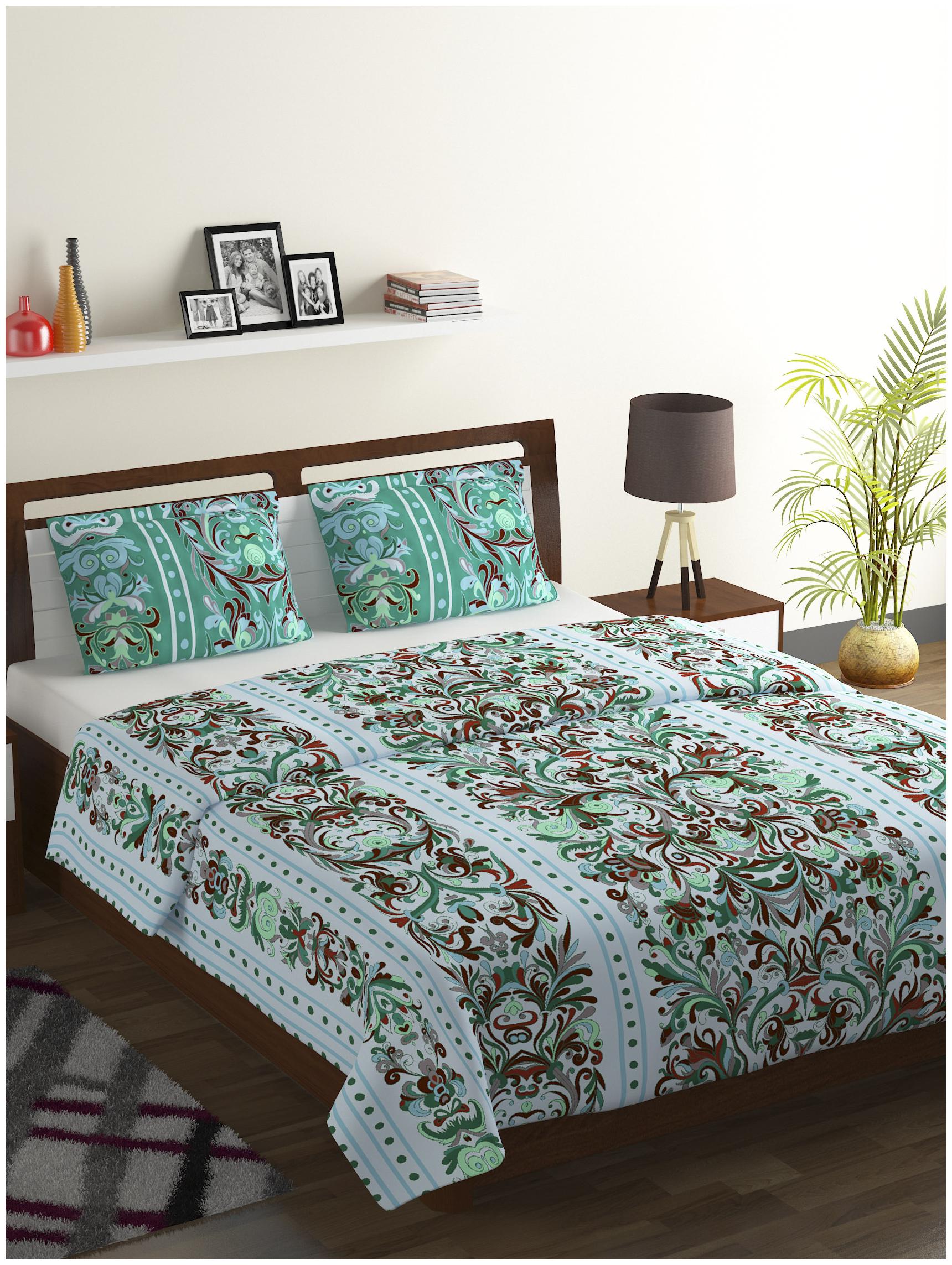 

Bombay Dyeing Cotton Printed Double Size Bedsheet 104 TC ( 1 Bedsheet With 2 Pillow Covers Blue )