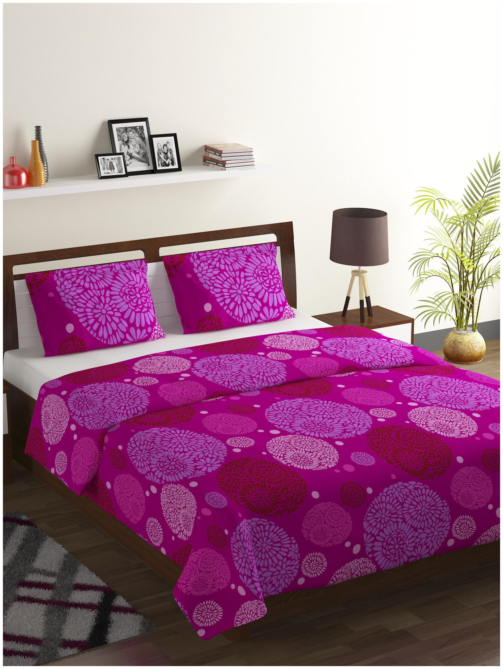 

Bombay Dyeing Cotton Printed Double Size Bedsheet 104 TC ( 1 Bedsheet With 2 Pillow Covers Pink )