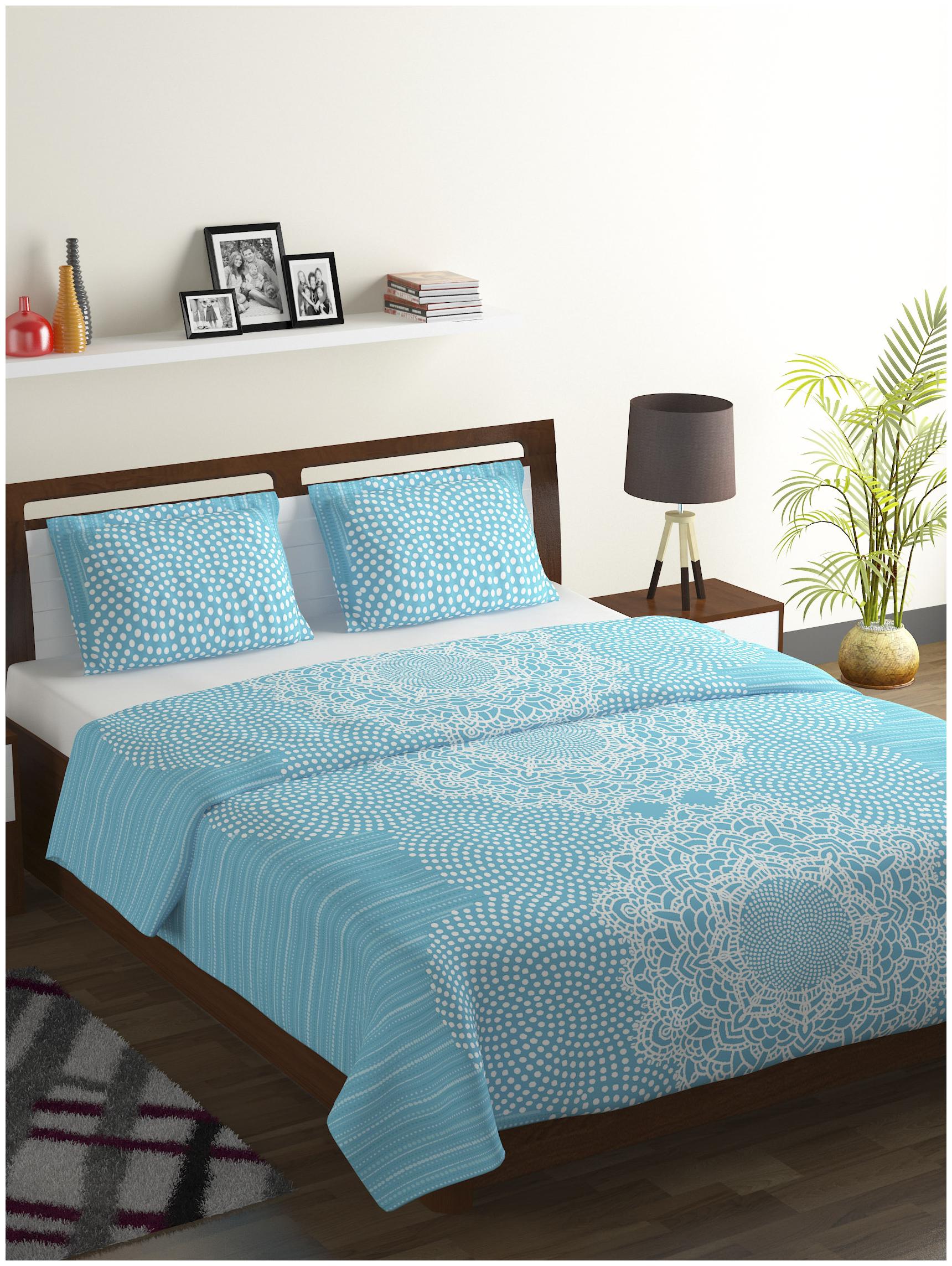 

Bombay Dyeing Cotton Abstract Double Size Bedsheet 104 TC ( 1 Bedsheet With 2 Pillow Covers Blue )