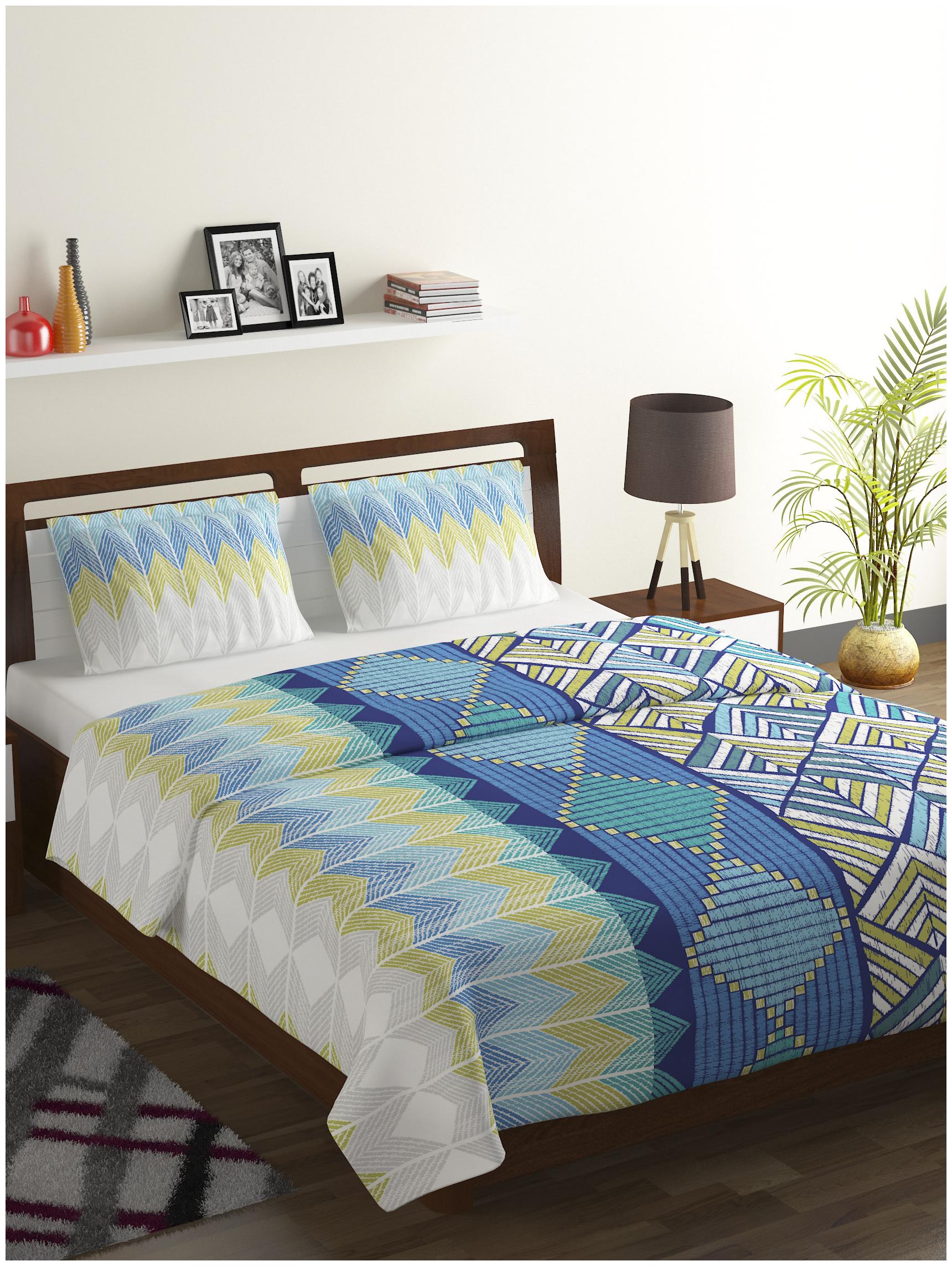 

Bombay Dyeing Cotton Abstract Double Size Bedsheet 104 TC ( 1 Bedsheet With 2 Pillow Covers Blue )