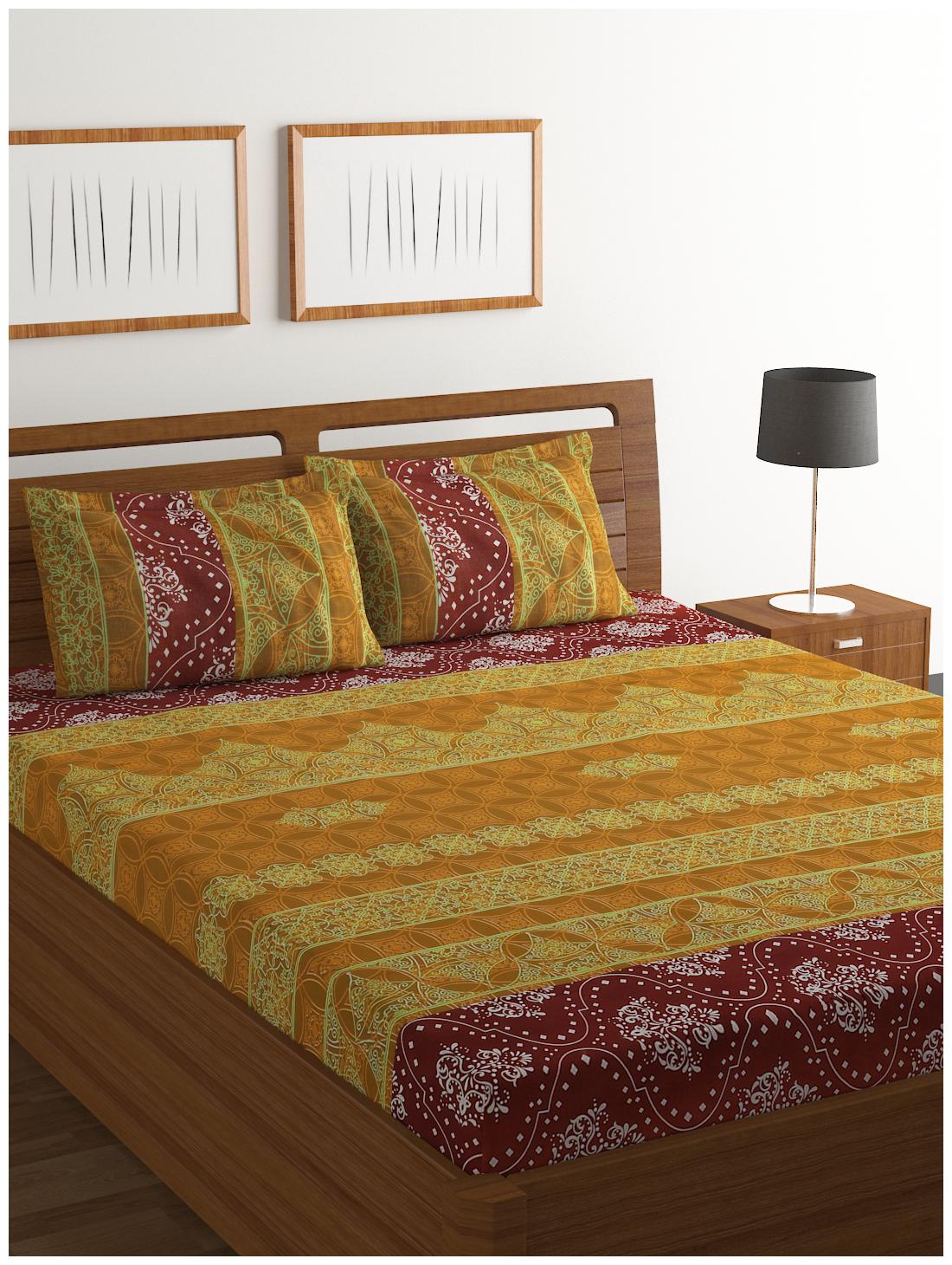 

Bombay Dyeing Cotton Abstract Double Size Bedsheet 104 TC ( 1 Bedsheet With 2 Pillow Covers Yellow )