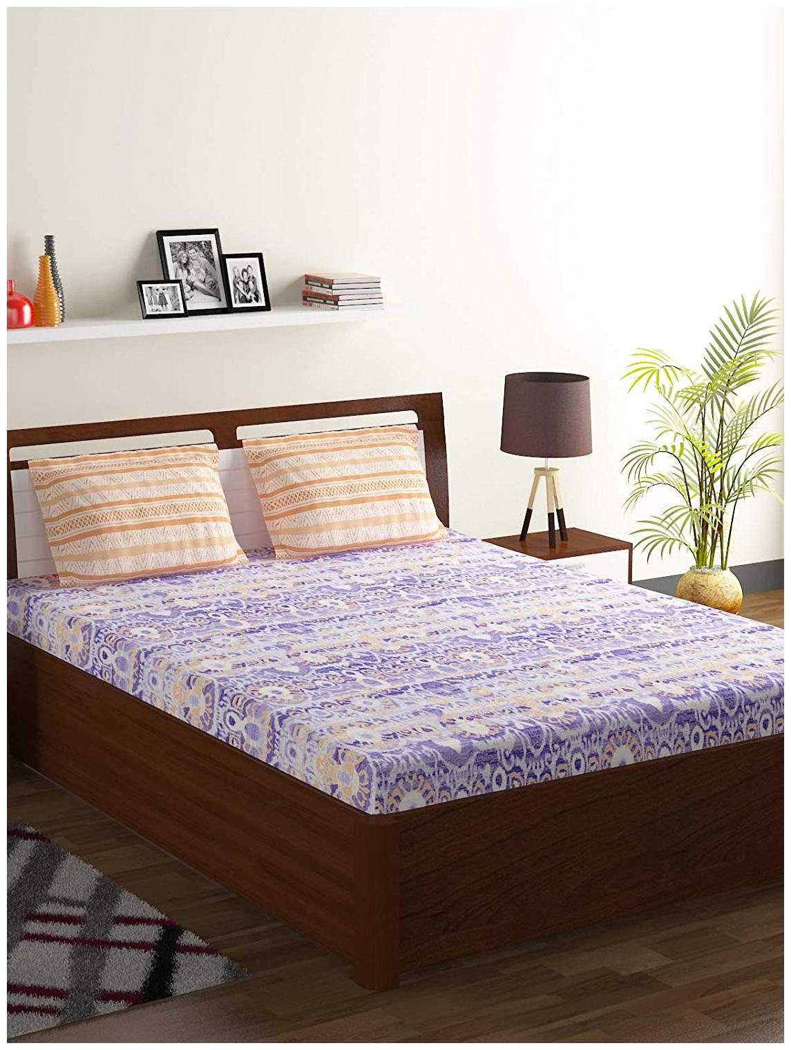 

Bombay Dyeing Cotton Printed Double Size Bedsheet 104 TC ( 1 Bedsheet With 2 Pillow Covers Purple )