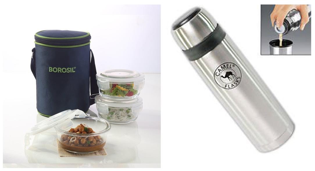 Buy Borosil Glass Tiffin Set 400 ml Set of 3 With Camel Flasks