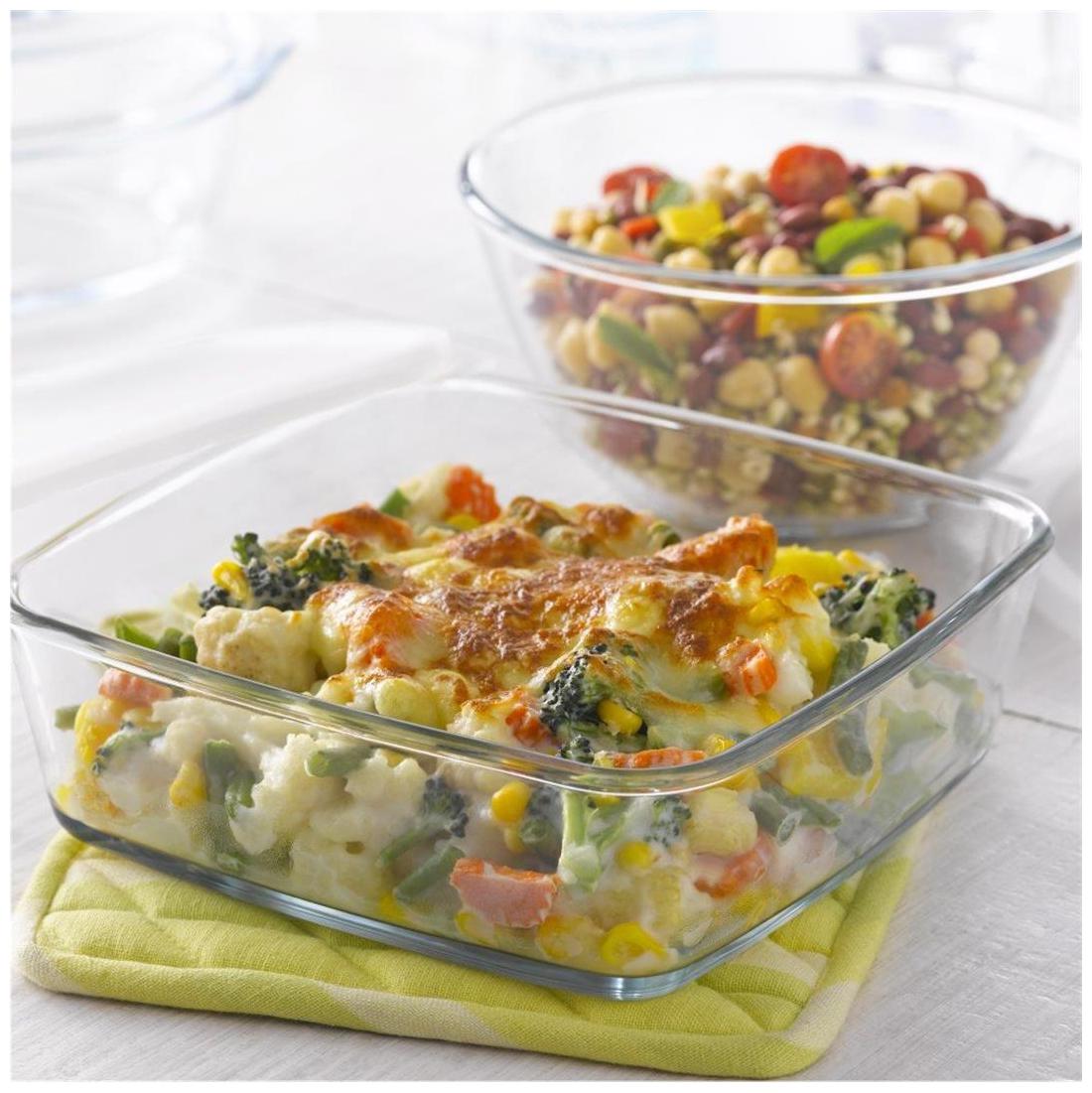 

Borosil Microwavable Combination Set of 2 Mixing Bowl 1 3 L Square Dish 0 8 L With Plastic Lids