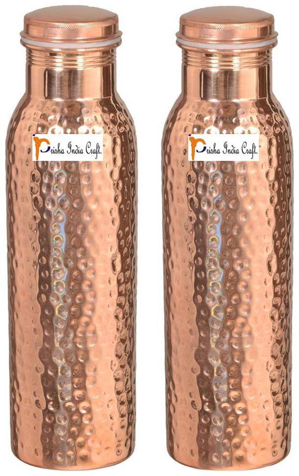 Prisha India Craft Copper Water Bottle Set of 2 ( Brown , 900 ml )