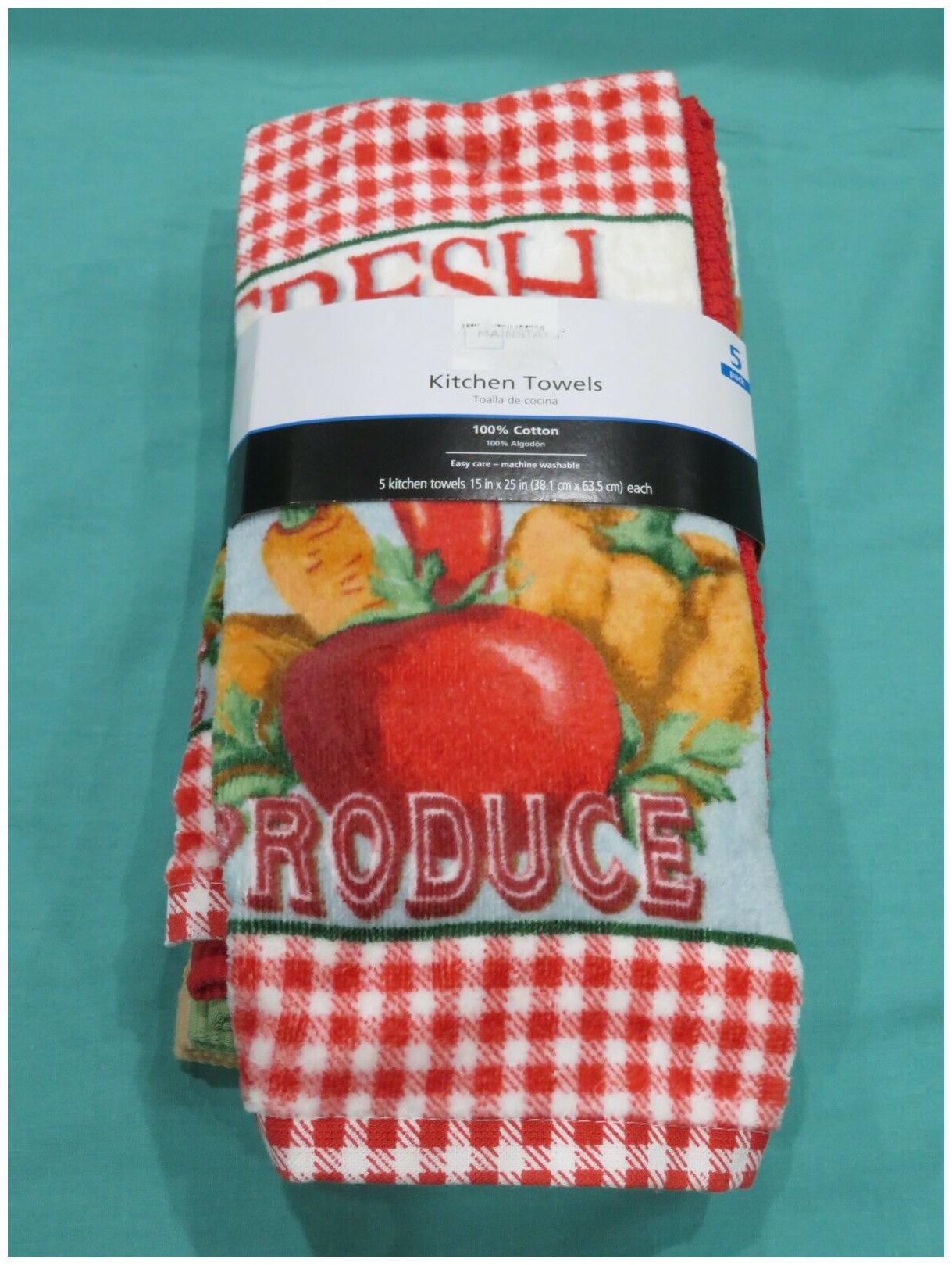 

Brand New 5 Pack of Kitchen Towels Fresh Produce Fruits Vegetables Red White Tan