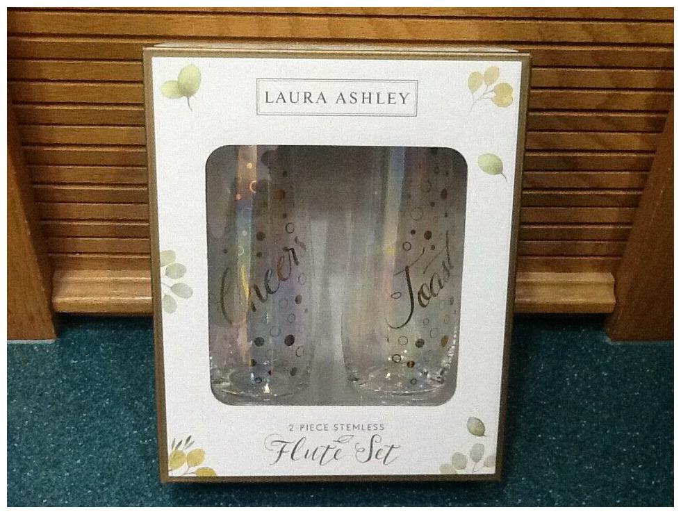 

BRAND NEW Laura Ashley 2 Piece Stemless Flute Set IRIDESCENT glass CHEERS TOAST