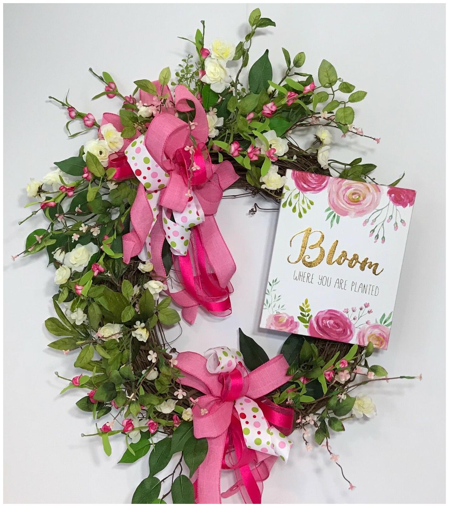 

BRIGHT PINK SUMMER GRAPEVINE FRONT DOOR WREATH WHITE FLOWERS CANVAS FLORAL SIGN